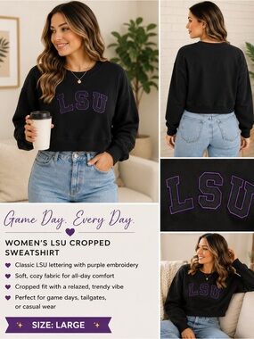 LSU Cropped Crewneck Sweatshirt - Black with Purple Logo LARGE